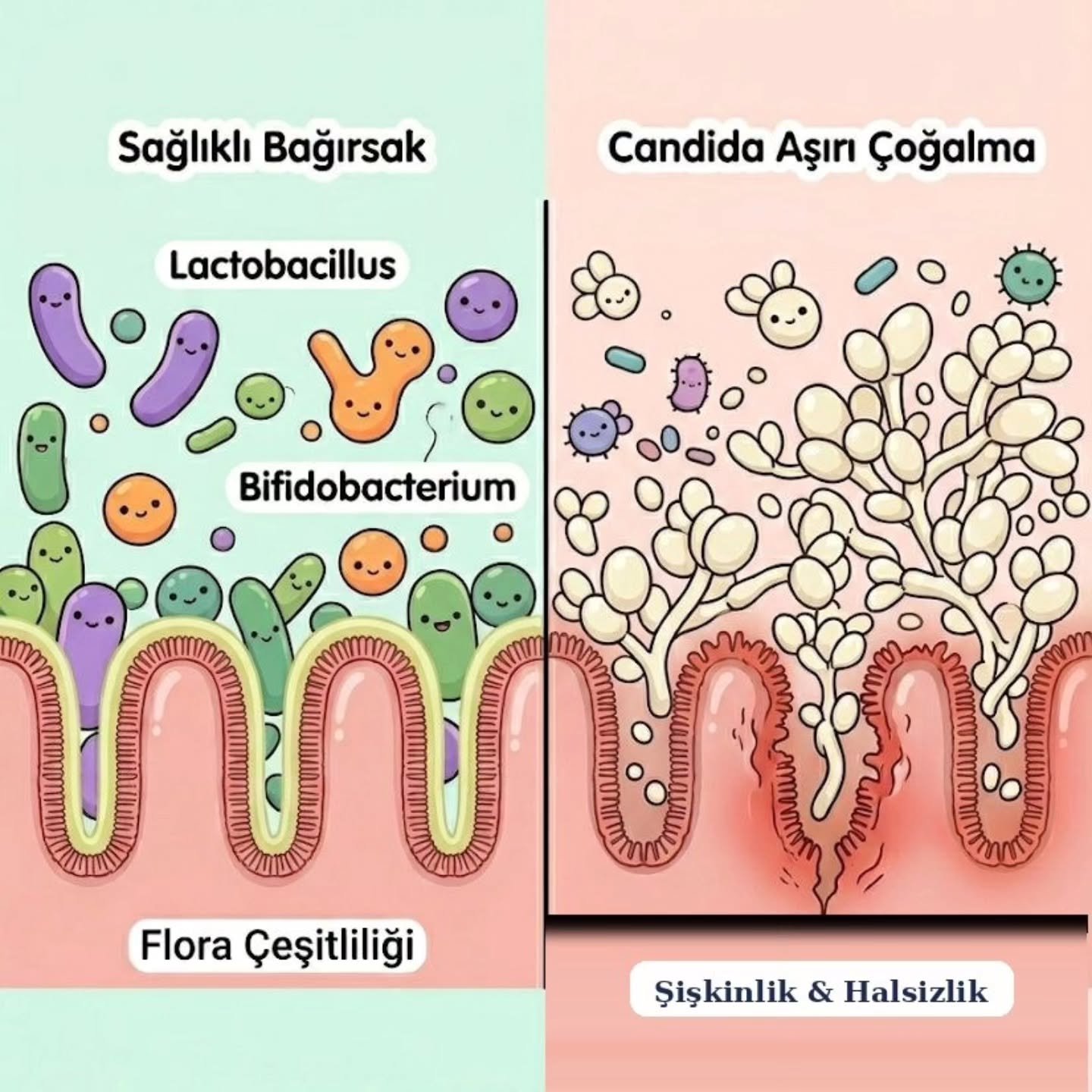 🌱 Bağırsak Mikrobiyomu ve Candida Disbiyozu

İnsan bağırsağında yaklaşık 30 h 40 trilyon mikroorganizma yaşar. 
Bu ekosistem; sindirim, bağışıklık düzenlemesi ve nörotransmitter üretiminde kritik rol 