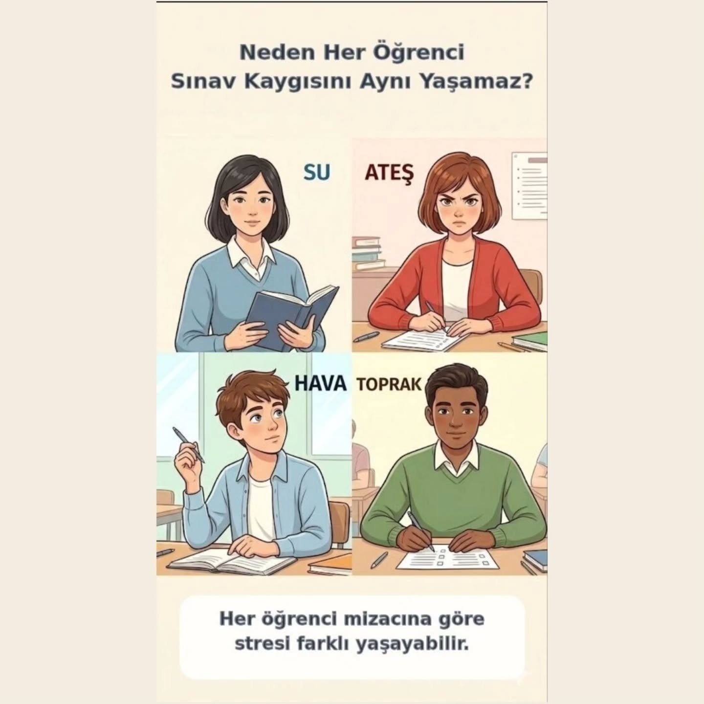 Sınav kaygısı her öğrencide aynı şekilde görünmez.

Kimi hızlanır, kimi yavaşlar, kimi dikkati dağıldığı için zorlanır, kimi ise düşüncelerinin ağırlığıyla yorulur.

Öğrencilerin stres karşısında verd