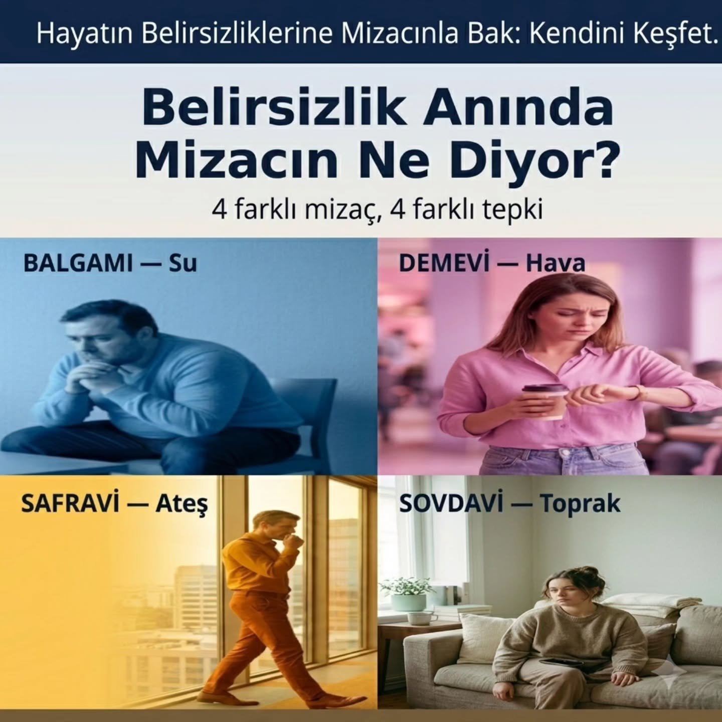 Belirsizlik Anksiyetesi

Bekle, kaç, don ya da düşün — belirsizlik anında bedenimizden çıkan dört farklı ses aslında ve bu tepkiler dört farklı mizacın yankısı olabilir.

İbn-i Sina'nın mizaj geleneği